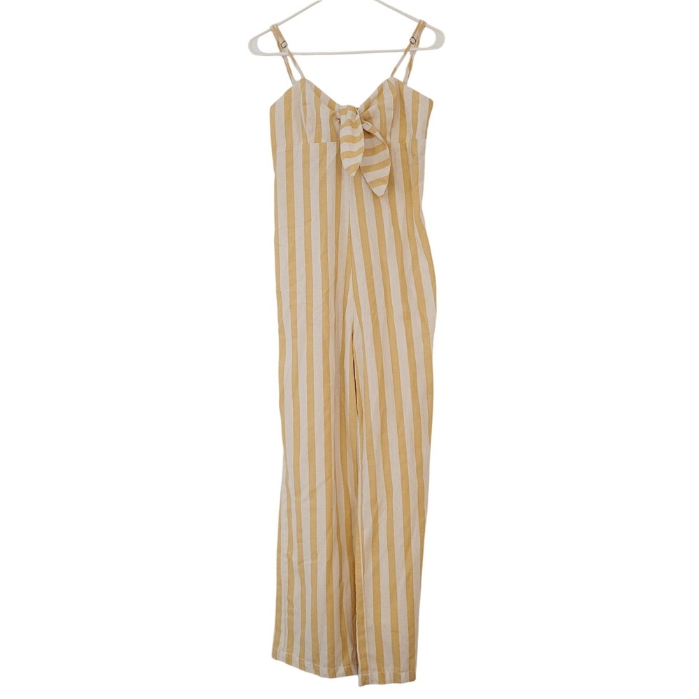 Ci Sono Linen Collection Mustard Yellow White Striped Tie Front Jumpsuit‎ Medium